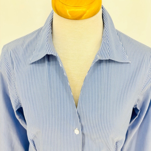 Anne Klein Blue and White Pinstriped Non-Iron Long Sleeve Button Down Top, Small - Picture 2 of 16